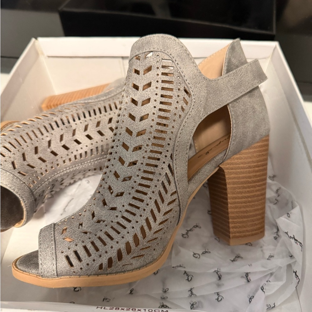 Qupid Silver Peep-Toe Block Heels
